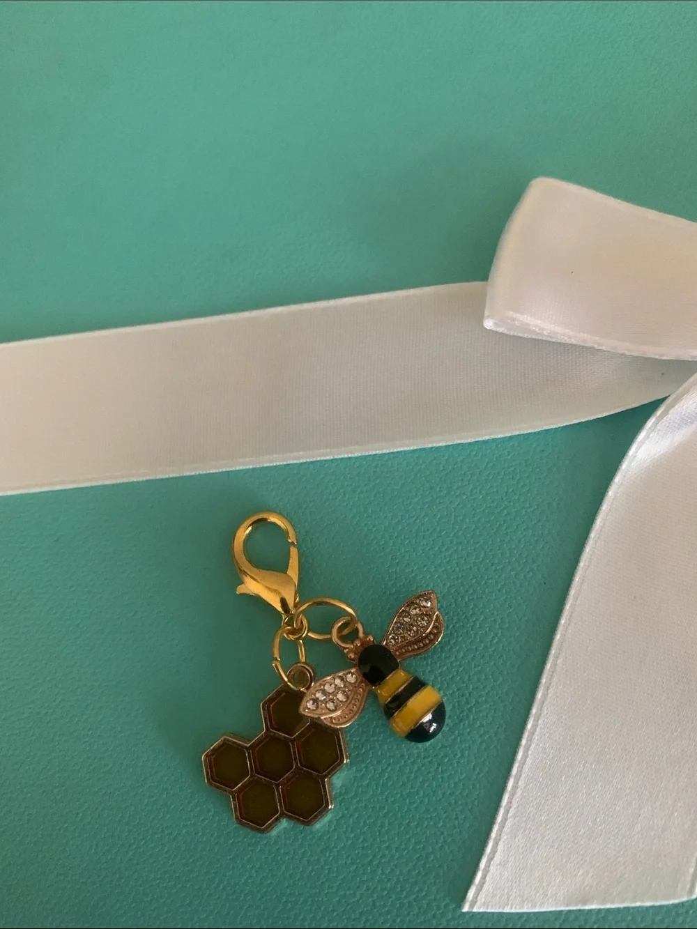 Gold Bee and Honeycomb Charm Keychain - Yellow Accent